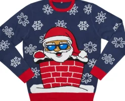 Stemning Julegenser m/julenisse i skorstein blå str. L | Juledekorasjoner