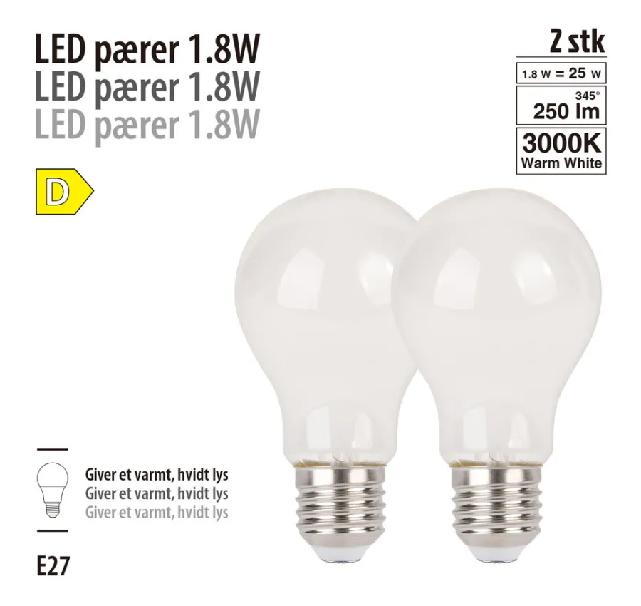LED-filamentpærer 1,8 W E27 - 2-pk. | Led-Pærer