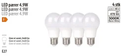 LED-pære E27 standard 4,9 W E27 4-pk. | Led-Pærer