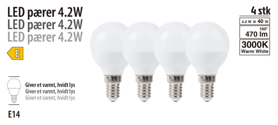 LED-pære krone 4,2 W E14 4-pk. | Led-Pærer