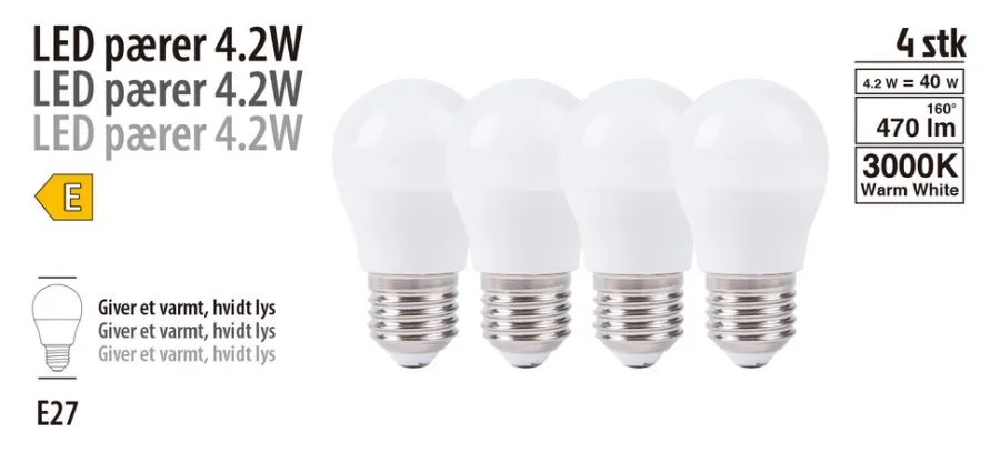 LED-pære krone 4,2 W E27 4-pk. | Led-Pærer