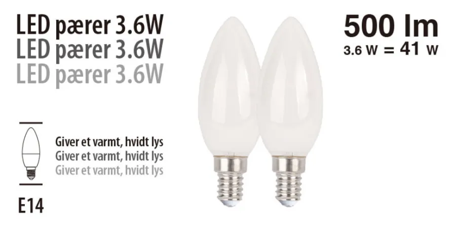 LED-pærer kerte 3,6 W E14 - 2 pk. | Led-Pærer
