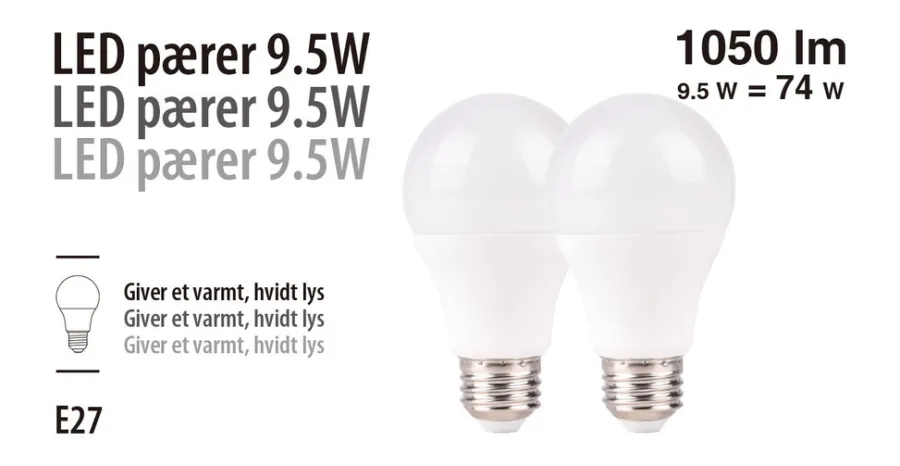 LED-pærer standart 9,5 W E27 - 2-pk. | Led-Pærer