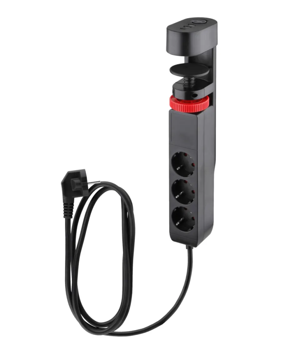 Elworks Skjøteledning 3-veis m/klemme, schuko, USB og bryter svart 1,4 m | Grenuttak & Skjøteledninger