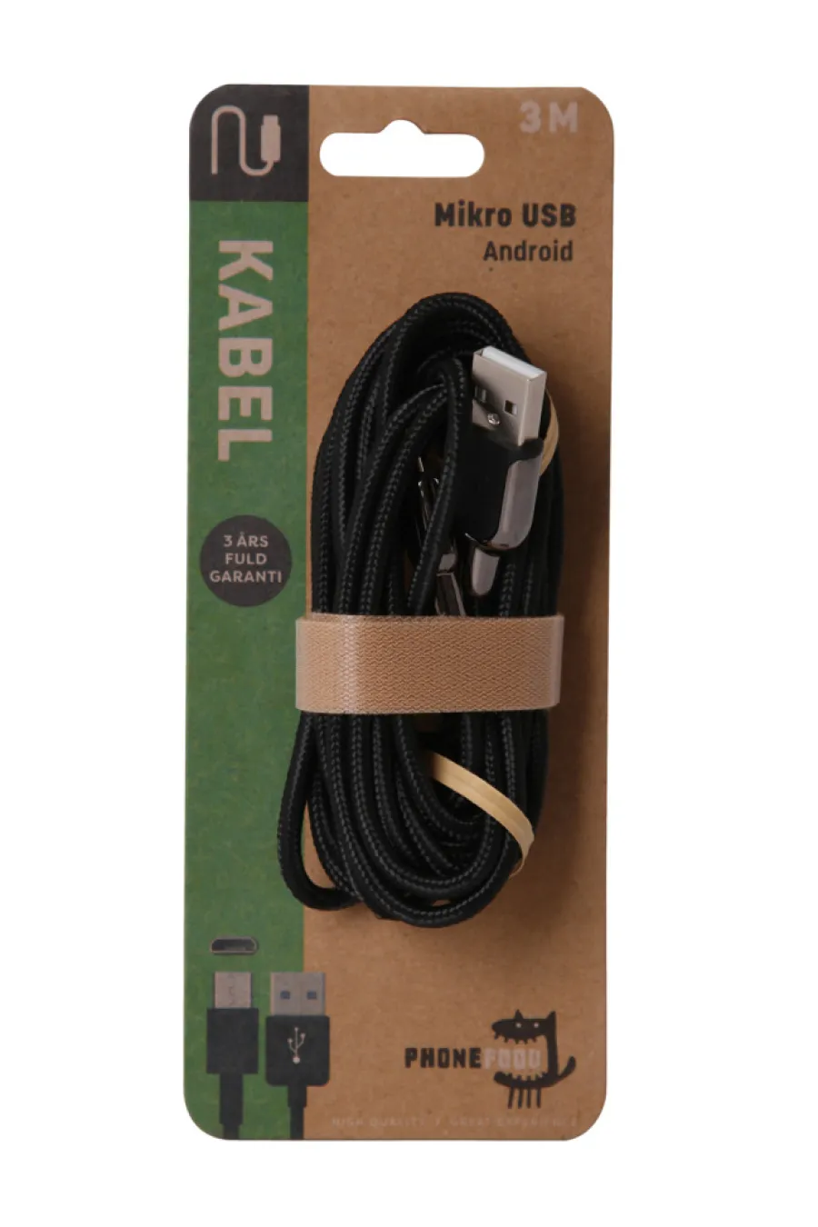 PhoneFood USB-A til micro USB kabel - 3 meter | Lyd & Tilbehør Til Mobiltelefoner|Kabler & Adaptere